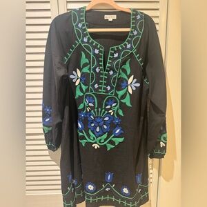 Roller Rabbit Lavandou Grace Dress in black w green & blue floral embroidery. L